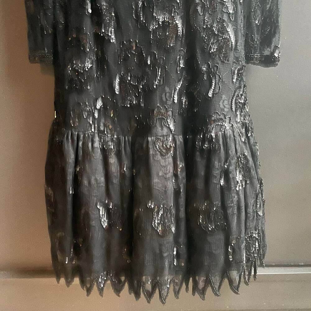 VTG 80s Judith Ann Creations Bead & Sequin Black Drop Waist Cocktail Dress Sz Sm - Picture 5 of 13